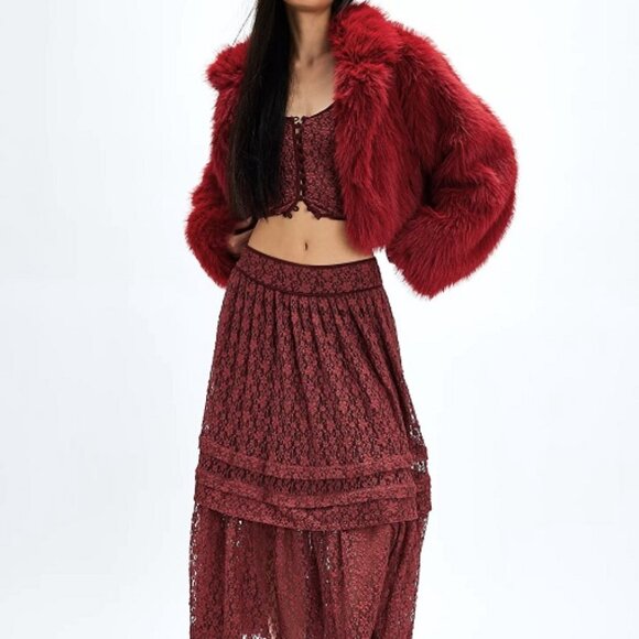 Band Of The Free Chili Pepper Red Faux Fur Open Front Jacket Size SMALL NWT - Picture 6 of 7